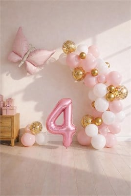 Kelebek Temalı Pembe 4 Yaş Doğum Günü Balon Seti – Pembe Gold Balon Zincirli
