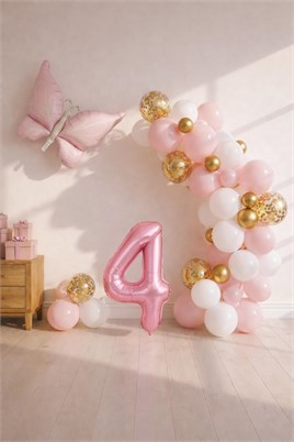 Kelebek Temalı Pembe 4 Yaş Doğum Günü Balon Seti – Pembe Gold Balon Zincirli