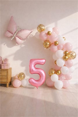 Kelebek Temalı Pembe 5 Yaş Doğum Günü Balon Seti – Pembe Gold Balon Zincirli