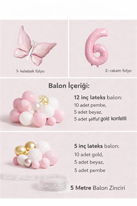 Kelebek Temalı Pembe 6 Yaş Doğum Günü Balon Seti – Pembe Gold Balon Zincirli