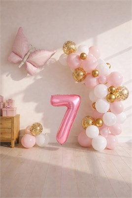 Kelebek Temalı Pembe 7 Yaş Doğum Günü Balon Seti – Pembe Gold Balon Zincirli