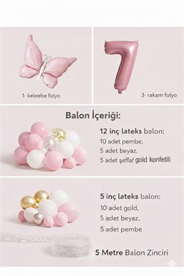 Kelebek Temalı Pembe 7 Yaş Doğum Günü Balon Seti – Pembe Gold Balon Zincirli