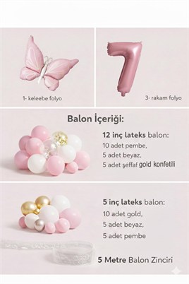 Kelebek Temalı Pembe 7 Yaş Doğum Günü Balon Seti – Pembe Gold Balon Zincirli