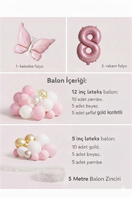 Kelebek Temalı Pembe 8 Yaş Doğum Günü Balon Seti – Pembe Gold Balon Zincirli