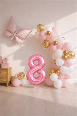 Kelebek Temalı Pembe 8 Yaş Doğum Günü Balon Seti – Pembe Gold Balon Zincirli
