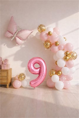 Kelebek Temalı Pembe 9 Yaş Doğum Günü Balon Seti – Pembe Gold Balon Zincirli