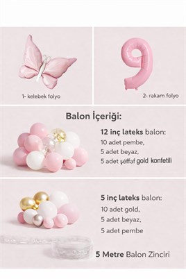 Kelebek Temalı Pembe 9 Yaş Doğum Günü Balon Seti – Pembe Gold Balon Zincirli