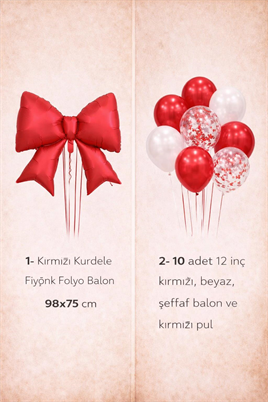 Kırmızı Fiyonk Folyo Balon Seti – Kırmızı & Beyaz Konfetili Balonlu