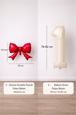 Kırmızı Fiyonk & Krem 1 Rakam Folyo Balon Seti