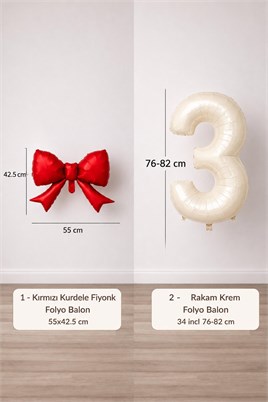 Kırmızı Fiyonk & Krem 3 Rakam Folyo Balon Seti