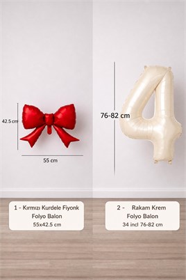 Kırmızı Fiyonk & Krem 4 Rakam Folyo Balon Seti