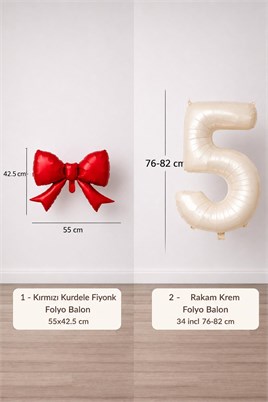 Kırmızı Fiyonk & Krem 5 Rakam Folyo Balon Seti