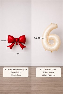 Kırmızı Fiyonk & Krem 6 Rakam Folyo Balon Seti