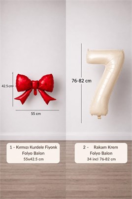 Kırmızı Fiyonk & Krem 7 Rakam Folyo Balon Seti