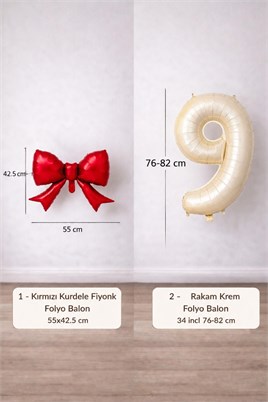 Kırmızı Fiyonk & Krem 9 Rakam Folyo Balon Seti