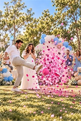 Kız Cinsiyet Belirleme Topu ve 24lü Tahmin Kartı Seti – Pembe Pul Çıkan Gender Reveal Parti Seti