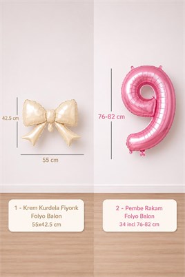 Krem Fiyonk & Pembe 9 Rakam Folyo Balon Seti