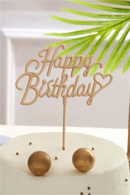Krem Renkli Happy Birthday Yazılı Pasta Süsü
