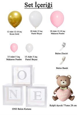 Krom Gold, Makaron Pembe ve Beyaz Balon Temalı 1 Yaş Set; ONE Kutu Pembe Kalpli Ayıcık Folyo Ve Balon Zincir Set
