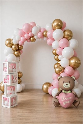 Krom Gold, Makaron Pembe ve Beyaz Balon Temalı Baby Shower Set; Baby Kutu Pembe Kalpli Ayıcık Folyo Ve Balon Zincir Set