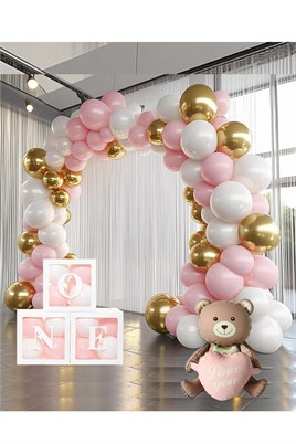 Krom Gold, Makaron Pembe ve Beyaz Balon Temalı 1 Yaş Set; ONE Kutu Pembe Kalpli Ayıcık Folyo Ve Balon Zincir Set