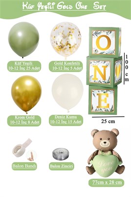 Küf Yeşili Temalı 1 Yaş Doğum Günü Seti; Adaçayı One Kutu, Ayıcık Folyo Ve Küf Yeşili Krom Gold Balon Zincir Seti