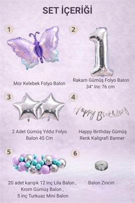 Lila Kelebek Temalı 1 Yaş Doğum Günü Balon Süsleme Seti – Lila Gümüş Parti Dekorasyon Seti