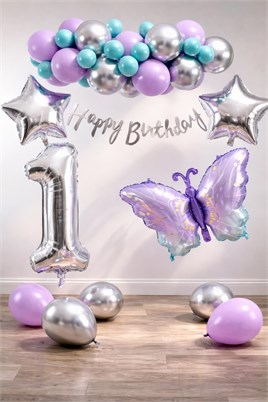 Lila Kelebek Temalı 1 Yaş Doğum Günü Balon Süsleme Seti – Lila Gümüş Parti Dekorasyon Seti