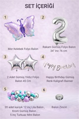 Lila Kelebek Temalı 2 Yaş Doğum Günü Balon Süsleme Seti – Lila Gümüş Parti Dekorasyon Seti