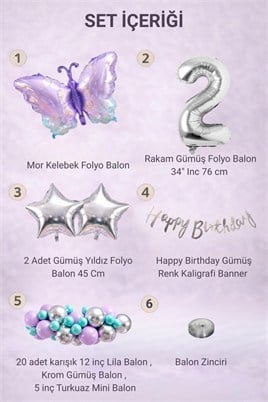 Lila Kelebek Temalı 2 Yaş Doğum Günü Balon Süsleme Seti – Lila Gümüş Parti Dekorasyon Seti