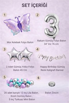 Lila Kelebek Temalı 3 Yaş Doğum Günü Balon Süsleme Seti – Lila Gümüş Parti Dekorasyon Seti