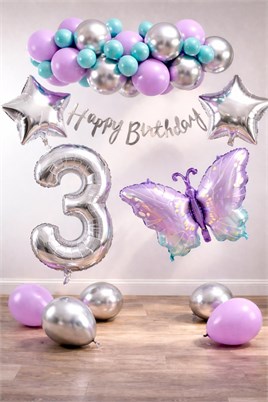 Lila Kelebek Temalı 3 Yaş Doğum Günü Balon Süsleme Seti – Lila Gümüş Parti Dekorasyon Seti