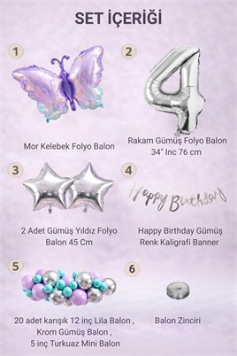 Lila Kelebek Temalı 4 Yaş Doğum Günü Balon Süsleme Seti – Lila Gümüş Parti Dekorasyon Seti