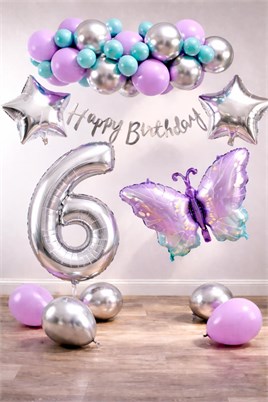 Lila Kelebek Temalı 6 Yaş Doğum Günü Balon Süsleme Seti – Lila Gümüş Parti Dekorasyon Seti