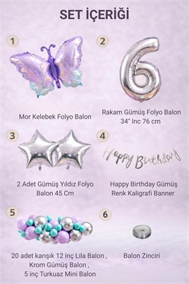 Lila Kelebek Temalı 6 Yaş Doğum Günü Balon Süsleme Seti – Lila Gümüş Parti Dekorasyon Seti
