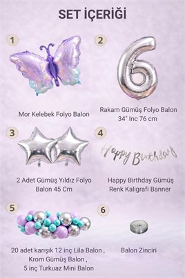 Lila Kelebek Temalı 6 Yaş Doğum Günü Balon Süsleme Seti – Lila Gümüş Parti Dekorasyon Seti