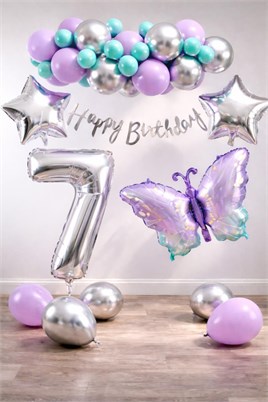 Lila Kelebek Temalı 7 Yaş Doğum Günü Balon Süsleme Seti – Lila Gümüş Parti Dekorasyon Seti