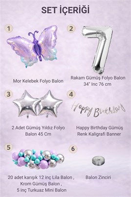 Lila Kelebek Temalı 7 Yaş Doğum Günü Balon Süsleme Seti – Lila Gümüş Parti Dekorasyon Seti