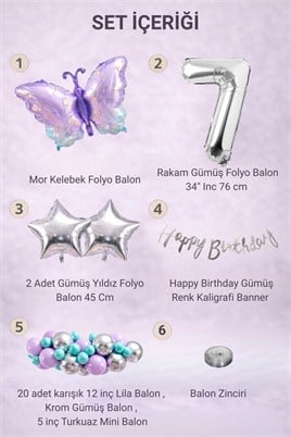 Lila Kelebek Temalı 7 Yaş Doğum Günü Balon Süsleme Seti – Lila Gümüş Parti Dekorasyon Seti
