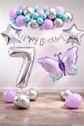 Lila Kelebek Temalı 7 Yaş Doğum Günü Balon Süsleme Seti – Lila Gümüş Parti Dekorasyon Seti