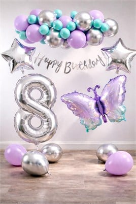 Lila Kelebek Temalı 8 Yaş Doğum Günü Balon Süsleme Seti – Lila Gümüş Parti Dekorasyon Seti