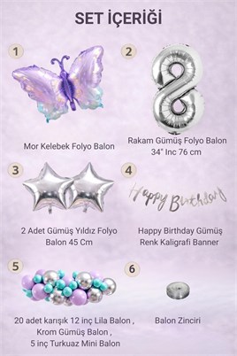 Lila Kelebek Temalı 8 Yaş Doğum Günü Balon Süsleme Seti – Lila Gümüş Parti Dekorasyon Seti