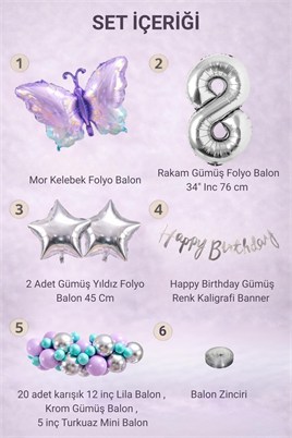 Lila Kelebek Temalı 8 Yaş Doğum Günü Balon Süsleme Seti – Lila Gümüş Parti Dekorasyon Seti