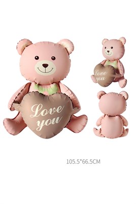 Love You Yazılı Retro Karamel Kalpli Pembe Oturan Ayı Folyo Balon