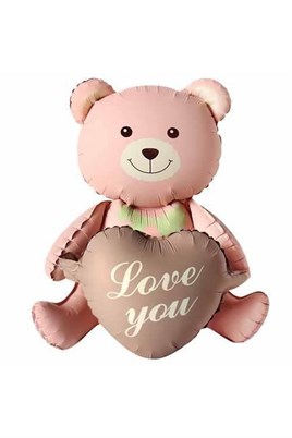 Love You Yazılı Retro Karamel Kalpli Pembe Oturan Ayı Folyo Balon