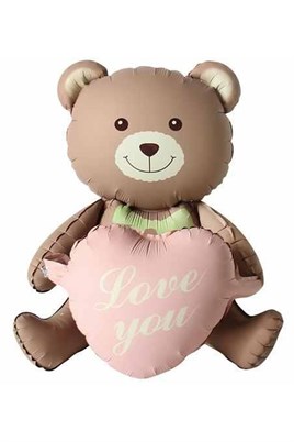 Love You Yazılı Retro Pembe Kalpli Kahverengi Oturan Ayı Folyo Balon