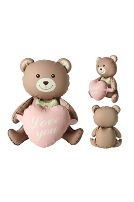 Love You Yazılı Retro Pembe Kalpli Kahverengi Oturan Ayı Folyo Balon