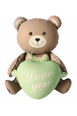 Love You Yazılı Retro Yeşil Kalpli Kahverengi Oturan Ayı Folyo Balon
