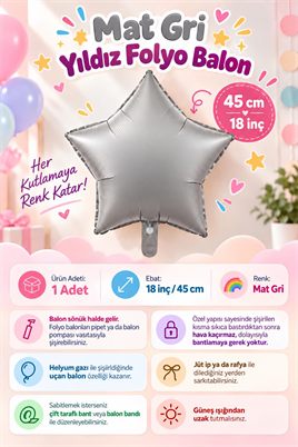 Mat Gri  Yıldız Folyo Balon 45 cm - Bebek Çocuk Parti Kutlama