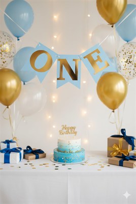 Mavi Gold One Yazılı Banner 1 Yaş Doğum Günü Süsü